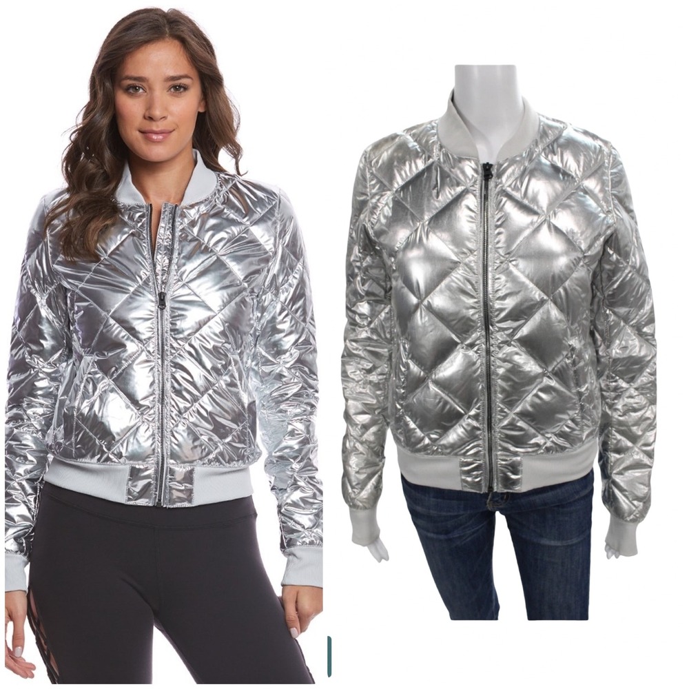 Alo Yoga Idol Bomber After Yoga Jacket Silver Metallic Quilted Down Puffer Small